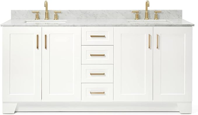 ARIEL Taylor 72-inch Bathroom Vanity with Sink,Solid Wood, 0.75-inch Italian Carrara Marble Countertop, Double Rectangular Porcelain Sink, 4 Soft Closing Doors, 6 Dovetail Drawers, White