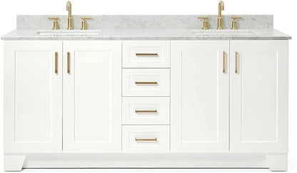 ARIEL Taylor 72-inch Bathroom Vanity with Sink,Solid Wood, 0.75-inch Italian Carrara Marble Countertop, Double Rectangular Porcelain Sink, 4 Soft Closing Doors, 6 Dovetail Drawers, White