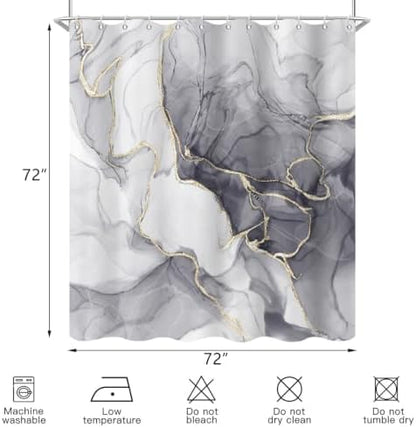 Grey Marble Shower Curtain Modern Abstract Luxury Gold Ink Texture Gray Ombre Watercolor Bathroom Curtain Set with Hooks Soft and Lightweight Waterproof Fabric Machine Washable 72" Wx72 L