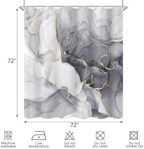 Grey Marble Shower Curtain Modern Abstract Luxury Gold Ink Texture Gray Ombre Watercolor Bathroom Curtain Set with Hooks Soft and Lightweight Waterproof Fabric Machine Washable 66" WX72 L