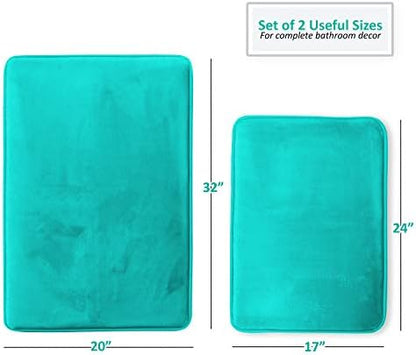Clara Clark 2 Piece Bathroom Rugs Bath Mat Set, Velvet Memory Foam Bath Mats for Bathroom - Non-Slip, PVC Backing Bath Rugs, Washable - Dries Quickly, Teal
