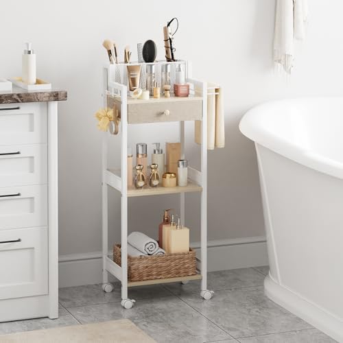 3 Tier Bathroom Organizer Shelf with Drawer, Rolling Makeup Cart