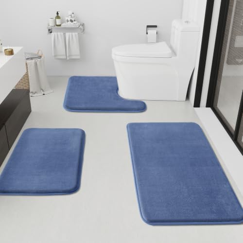 HUXMEYSON Bathroom Rugs Sets 3 Piece, Non-Slip & Quick Dry Bath Mat Set, Ultra Soft Velvet Bath Rugs for Bathroom, Toilet and Shower Floor, Dusty Blue