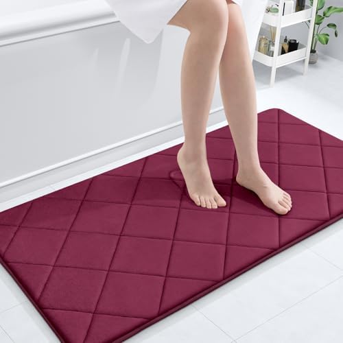 OLANLY Memory Foam Bath Mat 44x24, Ultra Soft and Absorbent Bathroom Rugs, Machine Washable, Comfortable Bath Carpet for Bathroom Floor, Tub and Shower, Burgundy