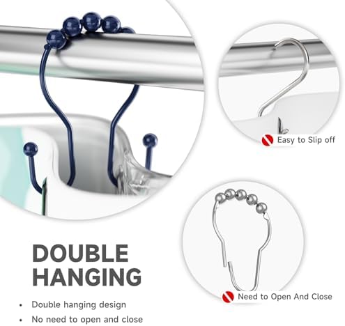 Bathway Shower Curtain Hooks, Shower Curtain Rings Rust Proof Navy Blue Double Hook Shower Curtain Hooks, 12 Pcs Shower Hooks for Shower Curtain, Shower Rings for Curtain, Metal Shower Rod Hooks