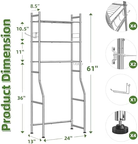 Simple Trending Over The Toilet Rack, Bathroom Shelf with Holder & Hooks