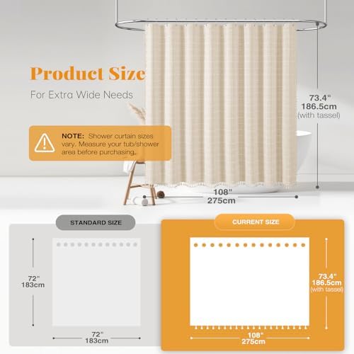 BTTN 108x72 Boho Farmhouse Linen Heavy Duty Shower Curtain Set, Cream/Beige
