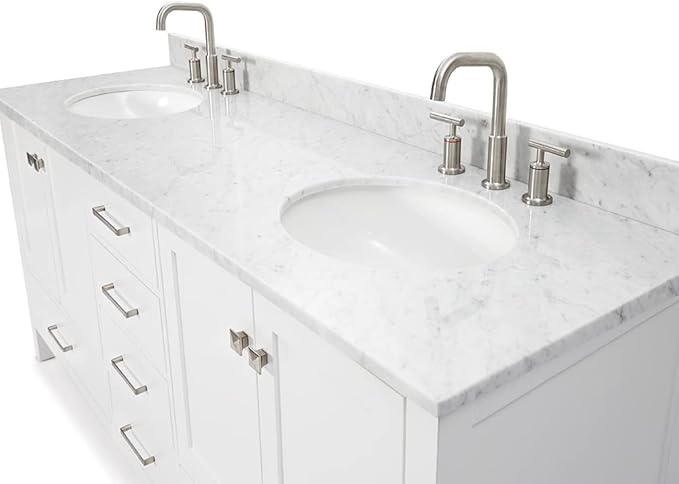 ARIEL Cambridge 72-inch Bathroom Vanity with Sink,Solid Wood, 0.75-inch Italian Carrara Marble Countertop & Backsplash, Double Oval Porcelain Sink, 4 Soft Closing Doors, 6 Dovetail Drawers, White