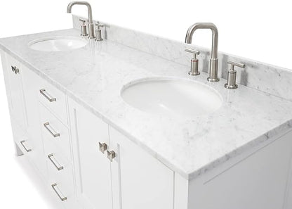 ARIEL Cambridge 72-inch Bathroom Vanity with Sink,Solid Wood, 0.75-inch Italian Carrara Marble Countertop & Backsplash, Double Oval Porcelain Sink, 4 Soft Closing Doors, 6 Dovetail Drawers, White