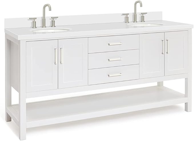 ARIEL Magnolia 72-inch Bathroom Vanity with Sink,Solid Wood, 1.5-inch Pure White Quartz Countertop & Backsplash, Double Rectangular Porcelain Sink, 4 Soft Closing Doors, 3 Dovetail Drawers, White