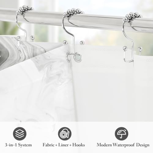 3 in 1 Grey Marble Shower Curtain Set with PEVA Liner & 12 Hooks, 72 x 84