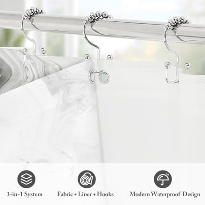 3 in 1 Grey Marble Shower Curtain Set with PEVA Liner & 12 Hooks, 72 x 78