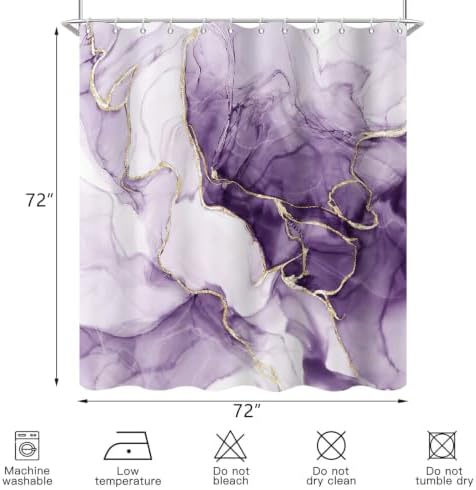 Purple Marble Shower Curtain Modern Abstract Luxury Gold Ink Texture Gray Ombre Watercolor Bathroom Curtain Set with Hooks Soft and Lightweight Waterproof Fabric Machine Washable 36" Wx72 L