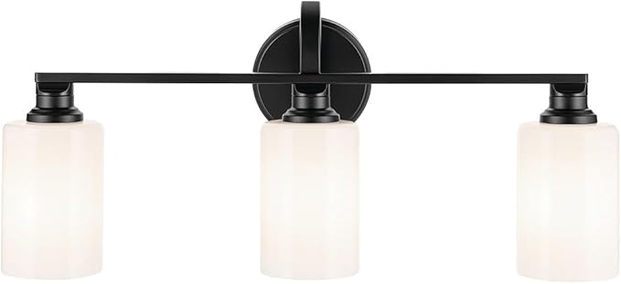 Kichler Gioe 24.25" 3-Light Vanity Light with Opal Glass in Black, Damp Rated, for Bathroom, Powder Room, Over a Mirror, (24.25" W x 10.5" H), 55226BK