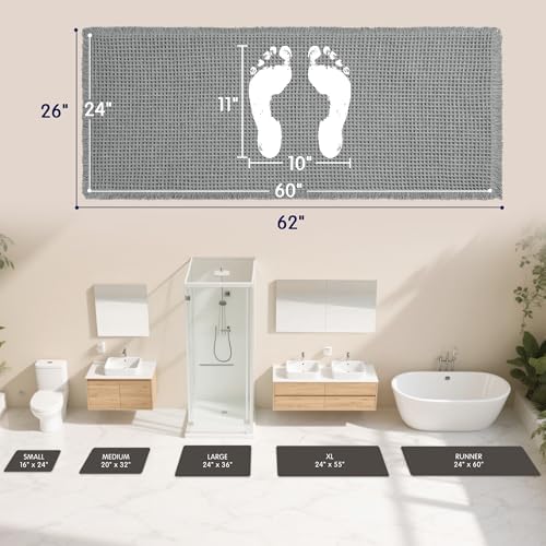 SUBRTEX Waffle Braided Bath Mat, 24" x 60" Soft Waffle Bath Rugs, Absorbent Non Slip Bathrooom Mats, Machine Washable Area Rug for Bathroom, Quick Dry, Gray