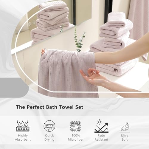 18 Piece Bath Towels Set,Soft Family Bathroom Towel Set with Hanging Loops-6 Bath Towels,6 Hand Towels,6 Washcloths,Highly Absorbent Quick Dry Shower Towel for Bathroom,Hotel,Spa-Blush Pink Towel Set