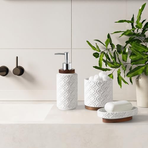 RQYIXI Ceramic Bathroom Accessories Set,White,5 Piece,Embossed Design