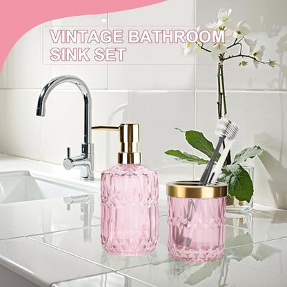 RRM Glass Bathroom Toothbrush Holder and Soap Dispenser Set, Pink