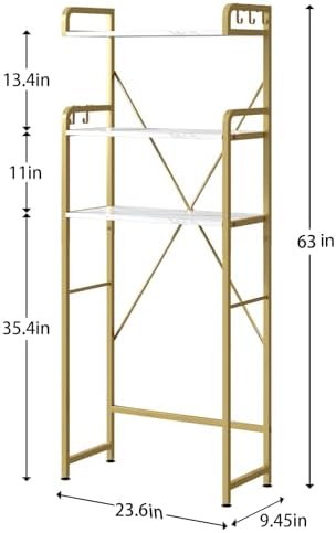 Over The Toilet Storage Rack with 3-Tier Shelves, Space Saver Toilet Shelf, Laundry Organizer with Hooks for Over Toilet Storage and Space Saver (White & Gold)
