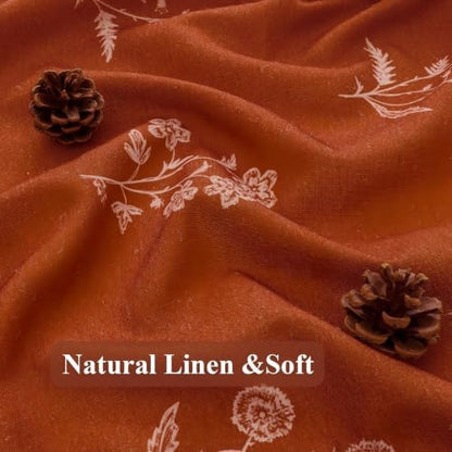 ORTIGIA Linen Shower Curtain Terracotta Farmhouse Vintage Floral Shower Curtains Burnt Orange Boho Rustic Curtains Block Print Cottagecore Decor for Bathroom 72 W x 72 L
