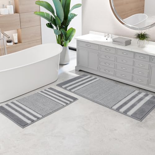 BSICPRO Bathroom Rugs Sets 2 Piece, Non Slip Striped Bath Mats, Light Grey
