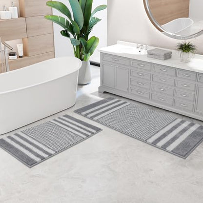 BSICPRO Bathroom Rugs Sets 2 Piece, Non Slip Striped Bath Mats, Light Grey
