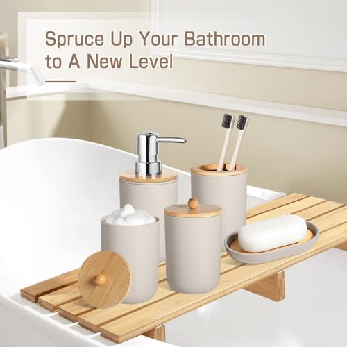 Bathroom Accessories Set 5 Pcs, Plastic Beige Bathroom Decor, Soap Dispenser and Toothbrush Holder Set, Soap Dish, Cotton Swab Jar, Bathroom Set, Boho Bathroom Organizer Accessory