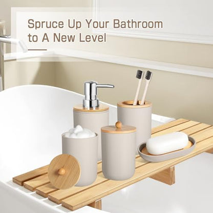 Bathroom Accessories Set 5 Pcs, Plastic Beige Bathroom Decor, Soap Dispenser and Toothbrush Holder Set, Soap Dish, Cotton Swab Jar, Bathroom Set, Boho Bathroom Organizer Accessory