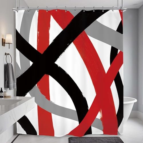 Black Red Gray Modern Shower Curtain 60Wx72L Inch Abstract Minimalist Contemporary Art Line Neutral Simple Bathroom Set Accessories Decor with 12 Pack Hooks