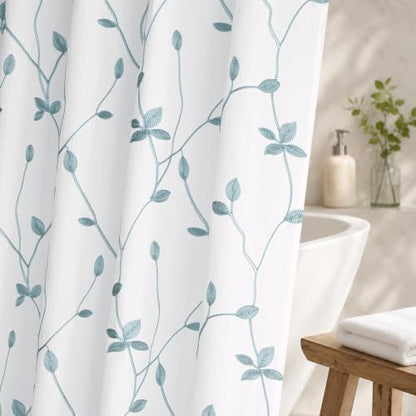 Embroidered Leaf Farmhouse Shower Curtain,Faux Linen,72Wx72L,White Teal