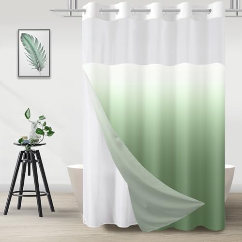 No Hook Shower Curtain and Liner Set for Bathroom, Ombre Green, 71" x 74"