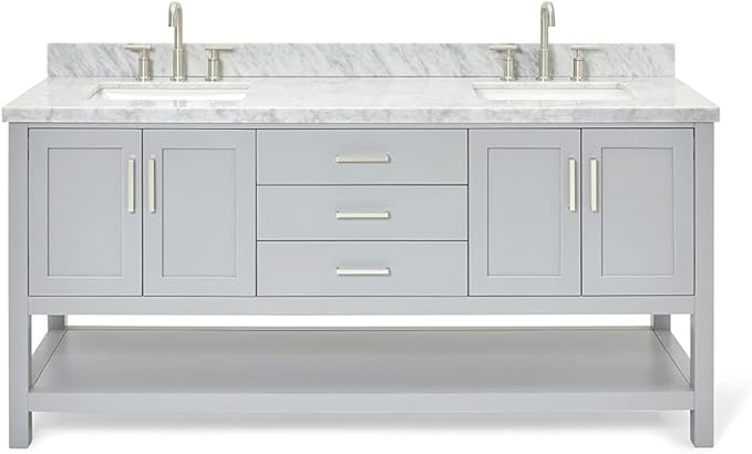 ARIEL 73" Grey Double Bathroom Vanity with 1.5" Edge Italian Carrara Marble Countertop & Splash, Rectangular Sinks, 4 Soft Closing Doors, 3 Dovetail Full Extensions Drawers, Brushed Nickel