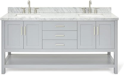 ARIEL 73" Grey Double Bathroom Vanity with 1.5" Edge Italian Carrara Marble Countertop & Splash, Rectangular Sinks, 4 Soft Closing Doors, 3 Dovetail Full Extensions Drawers, Brushed Nickel