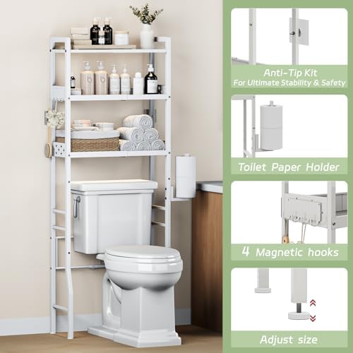 Over the Toilet Storage Shelf 3-Tier Adjustable Bathroom Organizers and Storage Shelves Bathroom Rack Above Toilet Storage with Paper Holder and 4 Hooks Space Saver Storage for Laundry
