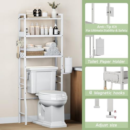 Over the Toilet Storage Shelf 3-Tier Adjustable Bathroom Organizers and Storage Shelves Bathroom Rack Above Toilet Storage with Paper Holder and 4 Hooks Space Saver Storage for Laundry
