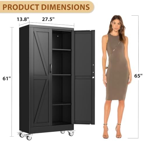 61" Metal Garage Storage Locker Cabinet with Wheels,Rolling Black Farmhouse Kitchen Pantry Cabinet with 2 Doors and 3 Adjustable Shelves, Steel File Tool Cabinet for Home Office Warehouse
