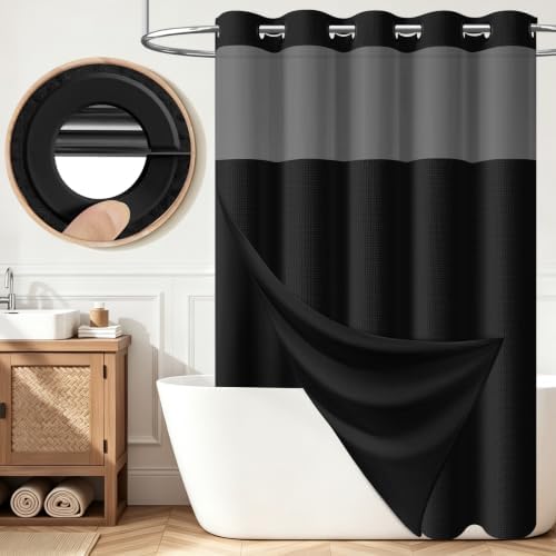 Dynamene Black Hook Free Waffle Shower Curtain & Snap-in Fabric Liner,72x83