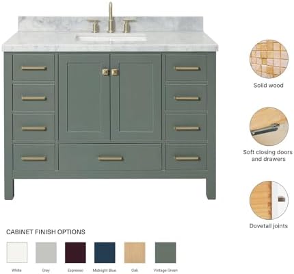 ARIEL Cambridge 48-inch Bathroom Vanity with Sink,Solid Wood, 1.5-inch Italian Carrara Marble Countertop, Single Rectangular Porcelain Sink, 2 Soft Closing Doors, 9 Dovetail Drawers, Vintage Green