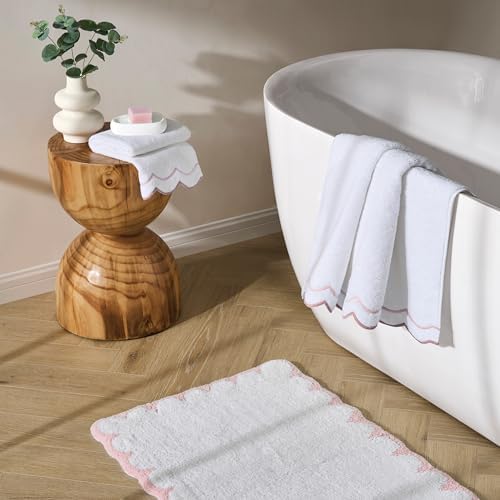 Peri Home 2 Piece Cotton Bath Towel Set, Embroidered, White, Blush Scallop