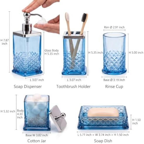 JKE Bathroom Accessories Set, 5-Pack Vintage Thick Glass Soap Dispenser and Toothbrush Holder Set for Bathroom Counter, Blue