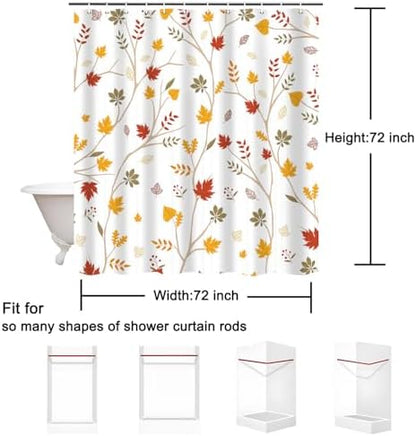 Fall Leaves Shower Curtain, Brown Eucalyptus Maple Leaf Plants Seasonal Autumn Bathroom Decor, Waterproof Cloth Fabric Bathroom Curtain with Hooks 72 x 72 inch