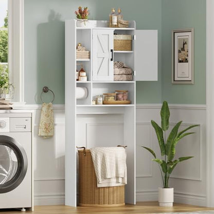 TEENFON Over The Toilet Storage Cabinet with 4 Open Shelves and Adjustable Shelf, Extra Tall Bathroom Organizer Unit with 2 Barn Doors, Home Space Saver for Bathroom, Laundry Room, White