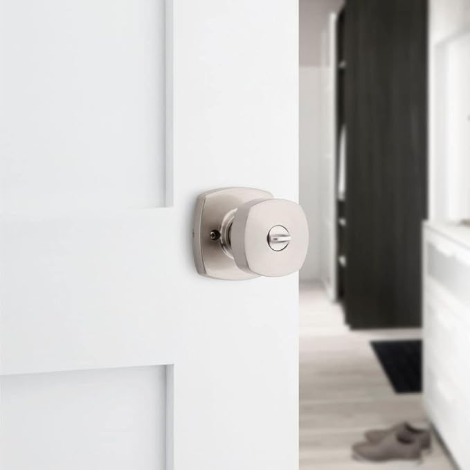 Kwikset Arroyo Knob Interior Privacy Door Knob with Lock, Door Handle For Bathroom and Bedroom, Satin Nickel Keyless Turn Lock Doorknob, with Microban Protection