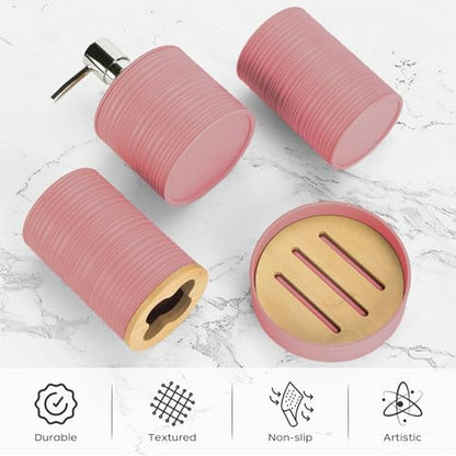 4PCS Light Pink Bathroom Set, Soap Dispenser, Dish & Bamboo Holder, Rustic