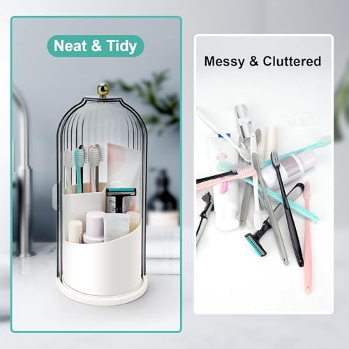 QIYVLOS Toothbrush Holders with Sliding Lid, Rotating 3 Slots Bathroom Organizer Countertop, Tooth Brush Toothpaste Holder Bathroom Counter Stand Sink Organizer Caddy for Vanity Makeup Brushes Holder