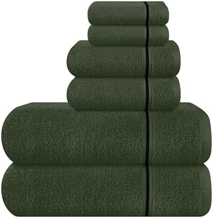 MyOwn Ultra Soft 6 Pack Cotton Towel Set, Contains 2 Bath Towels 28x55 inch, 2 Hand Towels 16x24 inch & 2 Wash Coths 12x12 inch, Ideal Everyday use, Compact & Lightweight - Olive Green