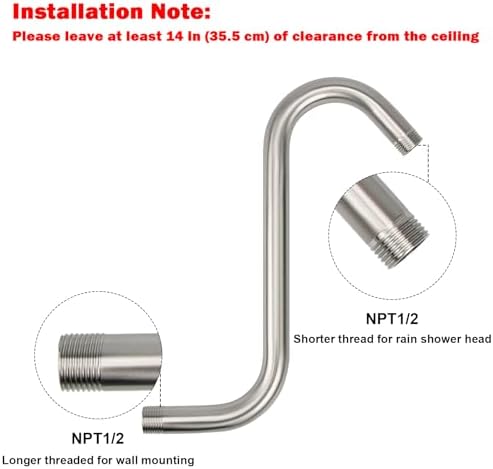NearMoon S Shaped Shower Head Riser Arm, Shower Extender Arm with Flange, Standard 1/2" Connection- Bathroom Accessory (10 Inch, Brushed Nickel)