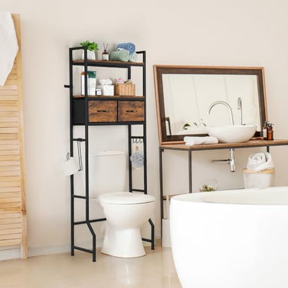 YBING Over The Toilet Bathroom Storage Cabinet for Freestanding, Above Toilet Shelf with Fabric Drawer, Tall Bathroom Shelf Organizer with Toilet Paper Holder, Brown