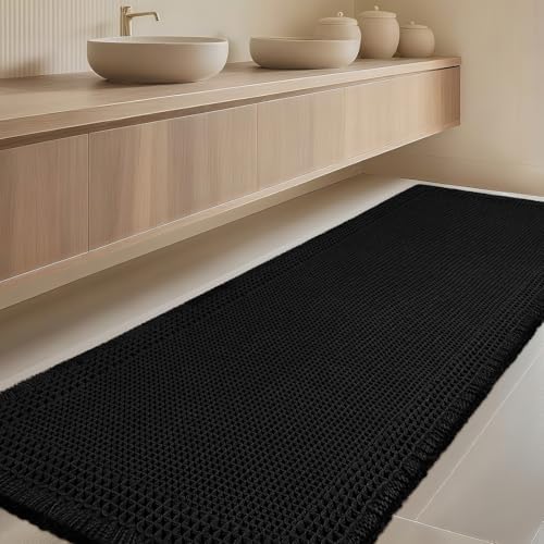 IM HOME Extra Large Waffle Bath Mat, Boho Bathroom Rugs Absorbent Non Slip, Ultra Soft Bathroom Mat, Machine Washable Knit Bath Rugs with Border for Bathroom, Bedroom, Kitchen, Shower, 6'x2', Black