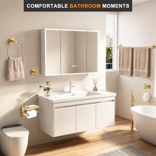 5 Pieces Bathroom Hardware Accessories Set Brushed Gold, 24Inch Bathroom Towel Rack Set SUS304 Stainless Steel, Round Toilet Paper Holder with Shelf Heavy Duty, Wall Mounted